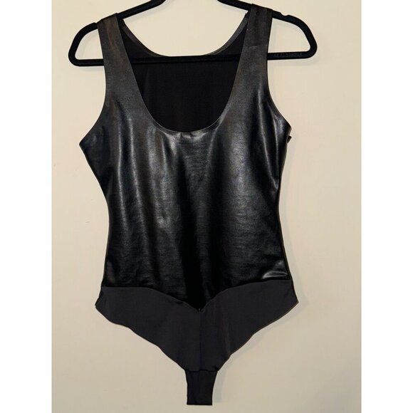 Pinsy Veegan Leather High Neck Shapewear Bodysuit Black Large Tiny Flaw - Picture 3 of 14